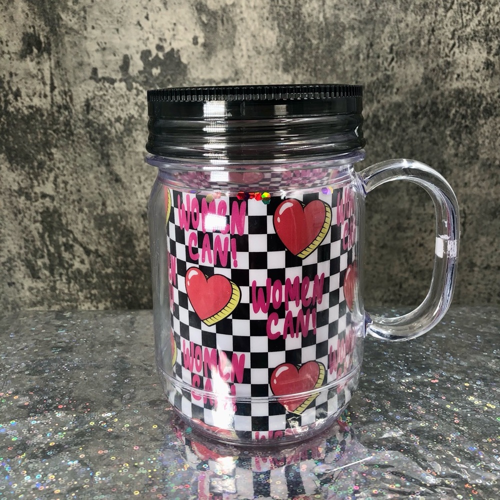 Plastic Water Bottle and Mug with Confetti decorations, Says “ Women Can!”